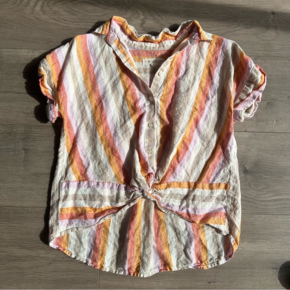 Lou & Grey for Loft Striped Linen Blouse Faux Wrap - size XS